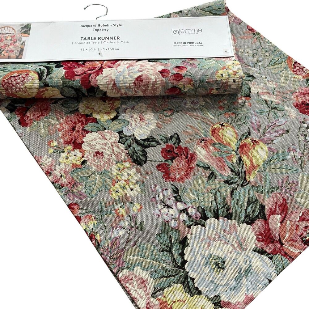 EMME Jacquard Gobelin Tapestry Table Runner 18x63 in Floral Cottage Colorful New
